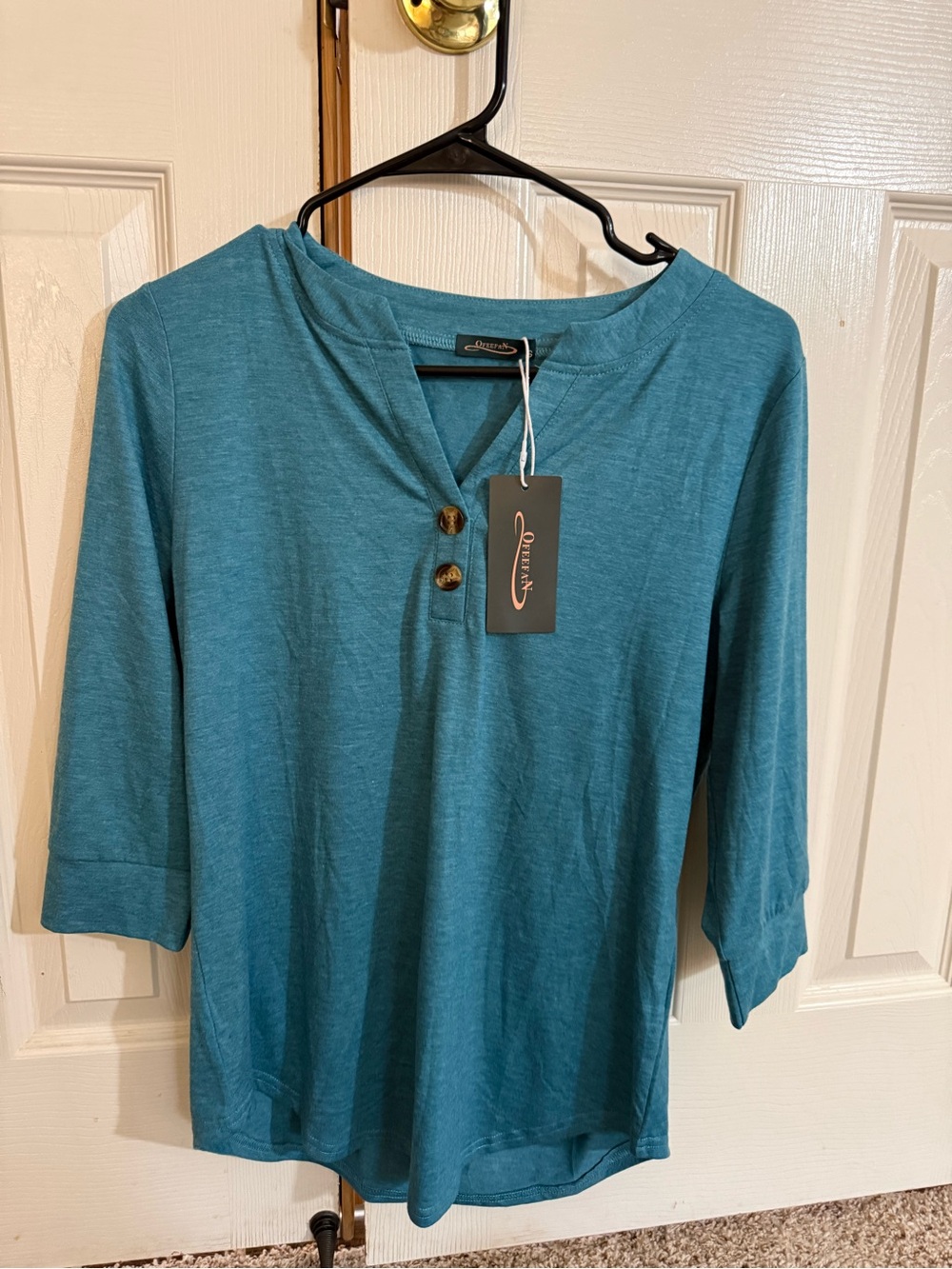 NWT Qfeefan Teal 3/4 Sleeve Henley Tunic Top Small